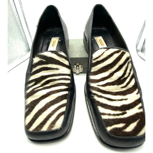 Talbots Loafer Italy Black Leather‎ Calf hair zebra print Square toe Women  7 - Picture 2 of 8